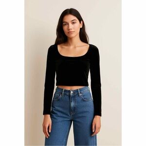 Vintage Y2K Jessica Mclintock black‎ velvet scoop neck crop top Large fall goth